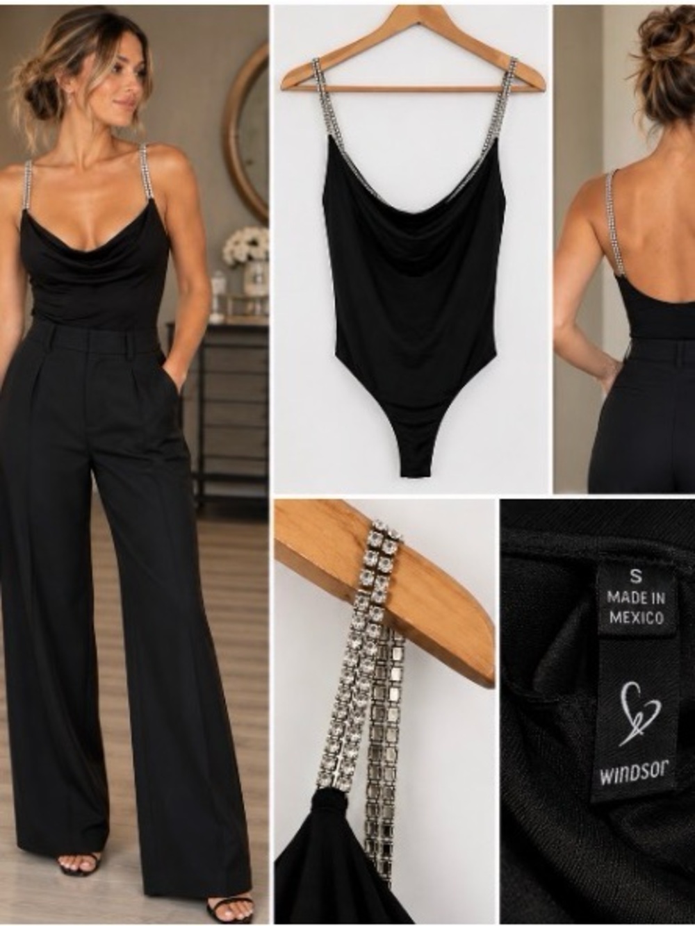 Windsor Black Cowl Neck Bodysuit with Rhinestone Straps